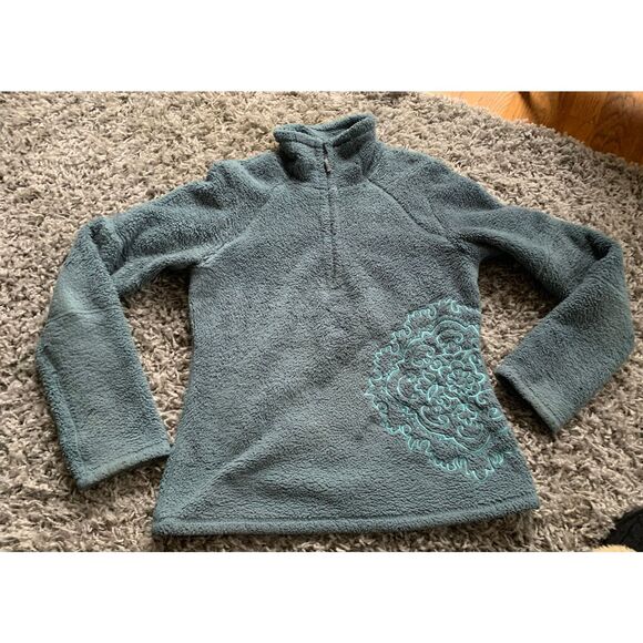 ATHLETA 1/4 ZIP FLEECE EMBROIDERED teal pullover SWEATER JACKET sz S M - Picture 8 of 10